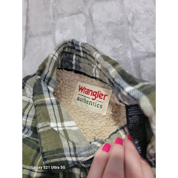 Wrangler Sherpa Lined Button Up Shirt Mens XL‎ Green Black LS Shacket - Picture 7 of 10